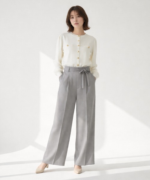 SWINGLE（スウィングル）の「リボンベルトタックフレアワイドパンツ（その他パンツ・レディース・ライトベージュ/グレー/ラベンダー・SMALL/MEDIUM）」の2枚目の写真