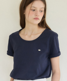 ロゴシルキーUネックTシャツ - ネイビー