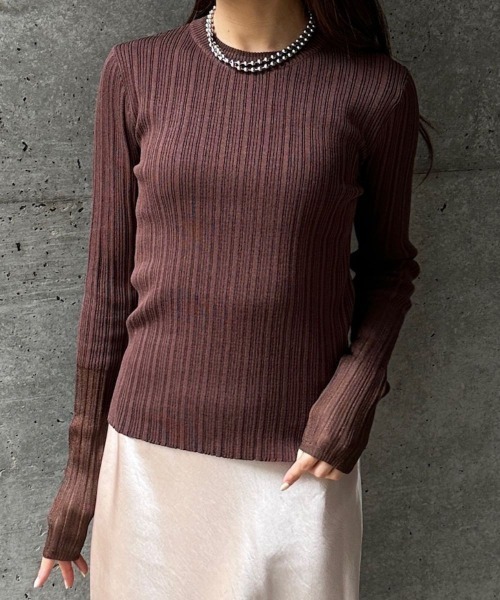 CIEL'AIR（シエルエアー）の「LINEN TOUCH RANDOM RIB PO（ﾘﾈﾝﾀｯﾁﾗﾝﾀﾞﾑﾘﾌﾞﾌﾟﾙｵｰﾊﾞｰ）（ニット/セーター・レディース・アイボリー/ブラウン・FREE）」の2枚目の写真