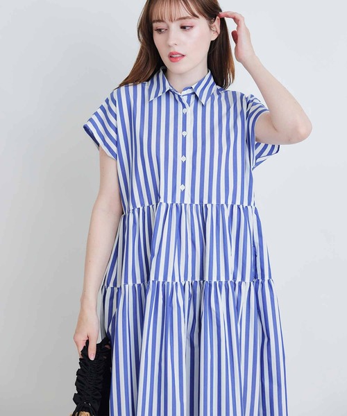 PICCIN(ピッチン)の「ストライプティアードショートスリーブワンピース(シャツワンピース・レディース・ブルー系その他/ブラック系その他・M)」の2枚目の写真