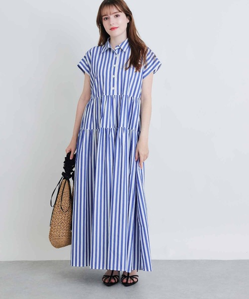 PICCIN(ピッチン)の「ストライプティアードショートスリーブワンピース(シャツワンピース・レディース・ブルー系その他/ブラック系その他・M)」の7枚目の写真