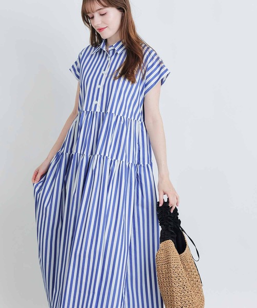 PICCIN(ピッチン)の「ストライプティアードショートスリーブワンピース(シャツワンピース・レディース・ブルー系その他/ブラック系その他・M)」の3枚目の写真