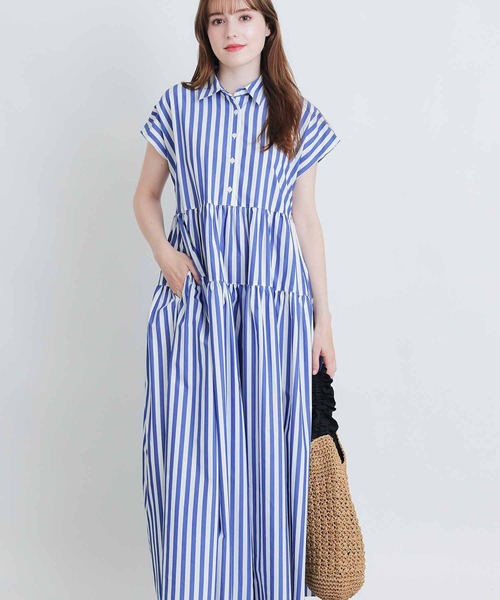 PICCIN(ピッチン)の「ストライプティアードショートスリーブワンピース(シャツワンピース・レディース・ブルー系その他/ブラック系その他・M)」の6枚目の写真