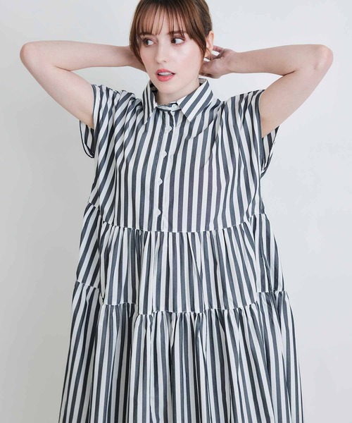 PICCIN(ピッチン)の「ストライプティアードショートスリーブワンピース(シャツワンピース・レディース・ブルー系その他/ブラック系その他・M)」の10枚目の写真