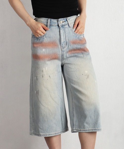 WESTSEA(ウエストシー)の「ラインストーン ワイドデニムショーツ レディース(デニムパンツ・レディース・ブルー・L/S/M)」の1枚目の写真