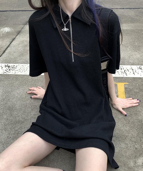 meJane(ミージェーン)の「ハーフジップ ワッフル半そでワンピース(ワンピース・レディース・アイボリー/ブルー/ブラック・FREE)」の1枚目の写真