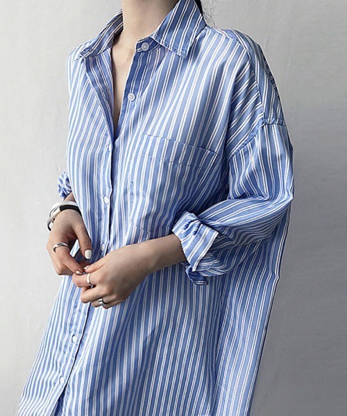 Flugge(フラッジー)の「セミロングストライプシャツ(シャツ/ブラウス・レディース・ブルー/ブラック・LARGE/MEDIUM)」の6枚目の写真