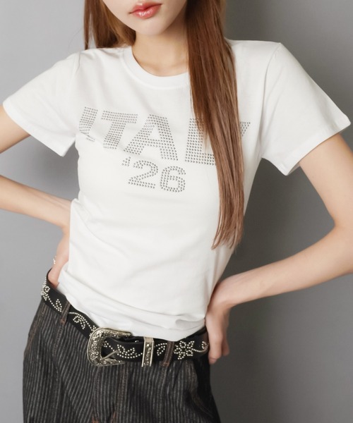 SPINNS（スピンズ）の「半袖カットソー/スタッズロゴ/ITALY/ガールズストリート（Tシャツ/カットソー・レディース・ネイビー/ブラック/オフホワイト・ONESIZE）」の4枚目の写真