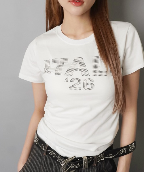SPINNS（スピンズ）の「半袖カットソー/スタッズロゴ/ITALY/ガールズストリート（Tシャツ/カットソー・レディース・ネイビー/ブラック/オフホワイト・ONESIZE）」の5枚目の写真