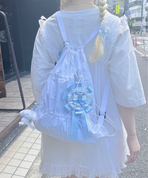 pyornim(ピョルニム)の「ダブルギャザー ドロスト デザイン ナイロン ナップサック エコバッグ サブバッグ(バックパック/リュック・レディース・ホワイト/ブラック/グレー・F)」の20枚目の写真