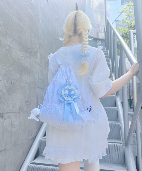 pyornim(ピョルニム)の「ダブルギャザー ドロスト デザイン ナイロン ナップサック エコバッグ サブバッグ(バックパック/リュック・レディース・ホワイト/ブラック/グレー・F)」の22枚目の写真
