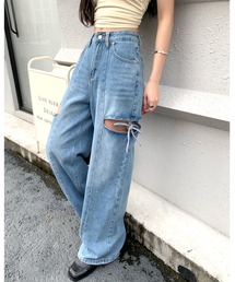 サイドカットアウトデニムワイドパンツ