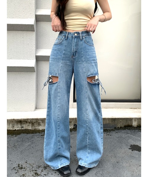 SHEENA(シーナ)の「サイドカットアウトデニムワイドパンツ(デニムパンツ・レディース・グレー/ブルー・L/S/M)」の3枚目の写真