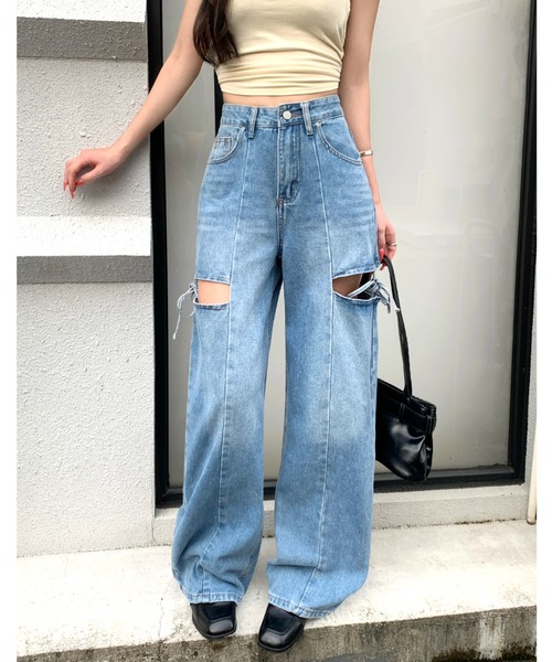 SHEENA(シーナ)の「サイドカットアウトデニムワイドパンツ(デニムパンツ・レディース・グレー/ブルー・L/S/M)」の4枚目の写真