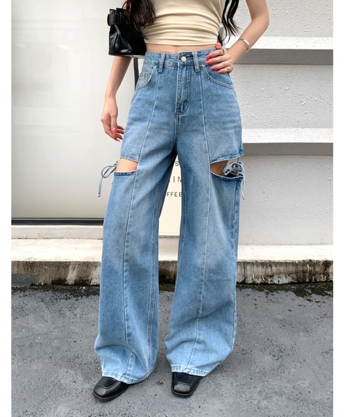 SHEENA(シーナ)の「サイドカットアウトデニムワイドパンツ(デニムパンツ・レディース・グレー/ブルー・L/S/M)」の5枚目の写真