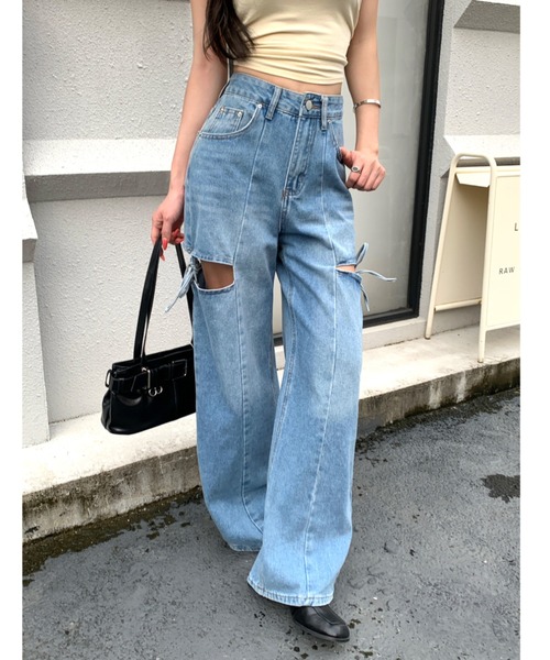 SHEENA(シーナ)の「サイドカットアウトデニムワイドパンツ(デニムパンツ・レディース・グレー/ブルー・L/S/M)」の6枚目の写真