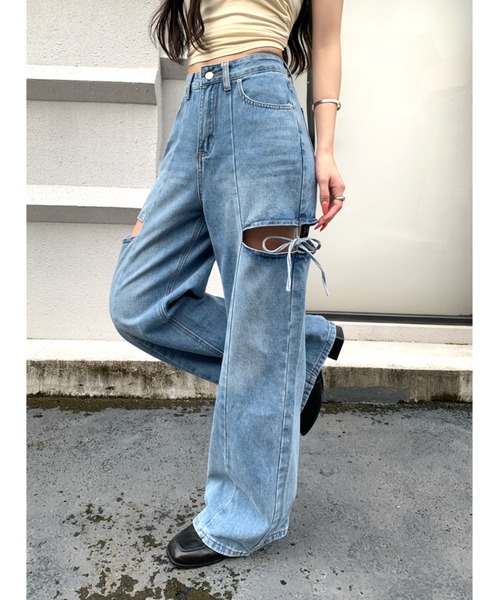 SHEENA(シーナ)の「サイドカットアウトデニムワイドパンツ(デニムパンツ・レディース・グレー/ブルー・L/S/M)」の7枚目の写真