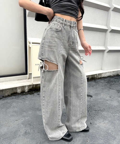 SHEENA(シーナ)の「サイドカットアウトデニムワイドパンツ(デニムパンツ・レディース・グレー/ブルー・L/S/M)」の14枚目の写真
