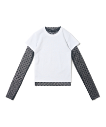 ドットシースルーロングスリーブレイヤード半袖Tシャツセット(ブラック/アイボリー)