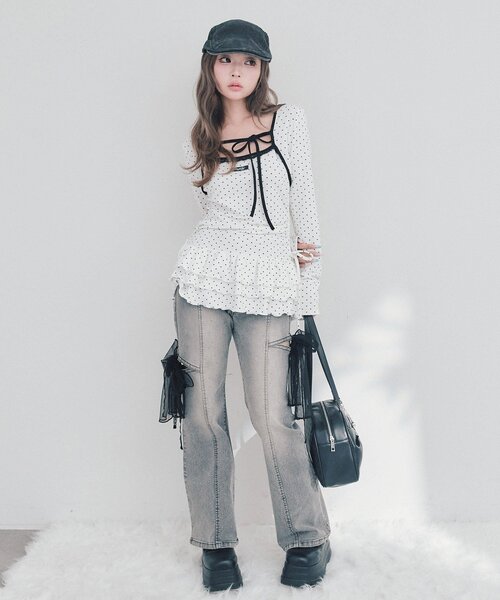 OLIVE des OLIVE(オリーブデオリーブ)の「チュールリボンストレッチデニムパンツ(デニムパンツ・レディース・サックスブルー/グレー・SMALL/MEDIUM)」の3枚目の写真
