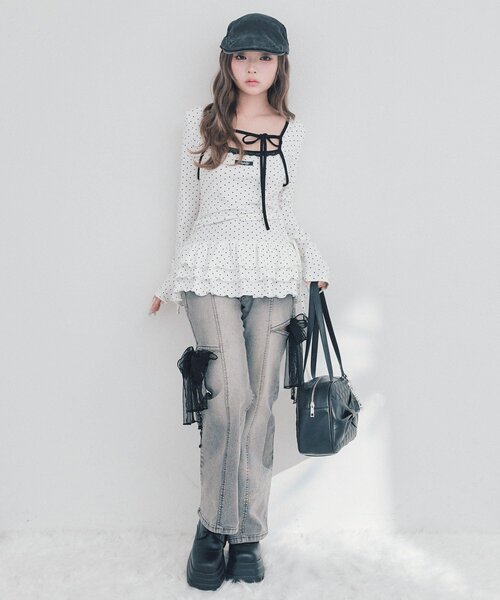 OLIVE des OLIVE(オリーブデオリーブ)の「チュールリボンストレッチデニムパンツ(デニムパンツ・レディース・サックスブルー/グレー・SMALL/MEDIUM)」の4枚目の写真