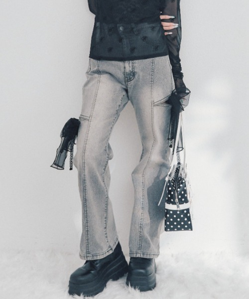 OLIVE des OLIVE(オリーブデオリーブ)の「チュールリボンストレッチデニムパンツ(デニムパンツ・レディース・サックスブルー/グレー・SMALL/MEDIUM)」の2枚目の写真