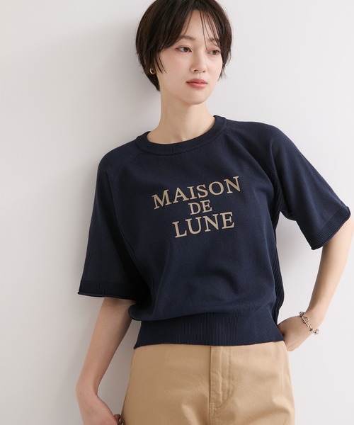 le cercle ADAM ET ROPE'(ルセルクルアダムエロペ)の「ロゴハーフスリーブニットプルオーバー(ニット/セーター・レディース・ネイビー/オフホワイト/ブラウン・FREE)」の1枚目の写真