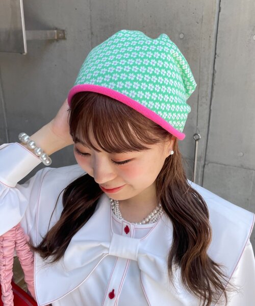 HELLO.SANFRANCISCO(ハローサンフランシスコ)の「【HELLO.SANFRANCISCO】花柄リブビーニー(ニットキャップ/ビーニー・レディース・グリーン/ブラック・ONE SIZE)」の11枚目の写真