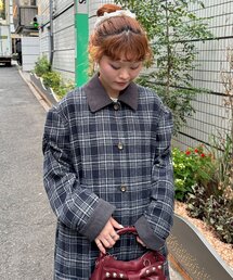 襟コーデュロイチェックロングコート
