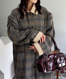 襟コーデュロイチェックロングコート