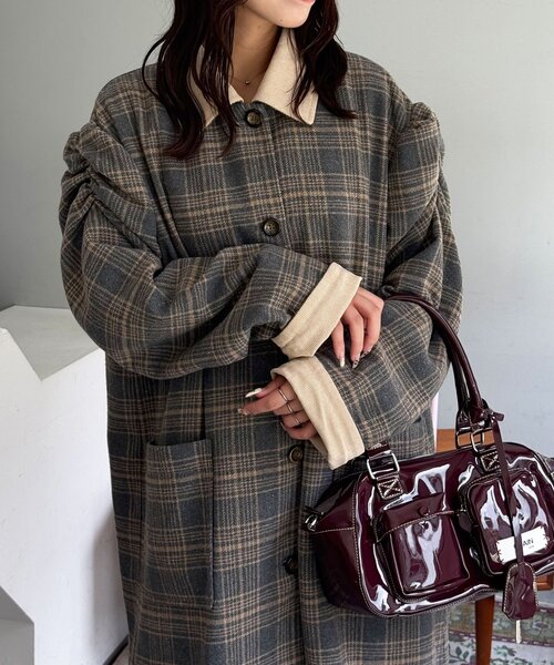 CIAOPANIC(チャオパニック)の「襟コーデュロイチェックロングコート(その他アウター・レディース・ネイビー/グリーン/グレー・0/1)」の1枚目の写真