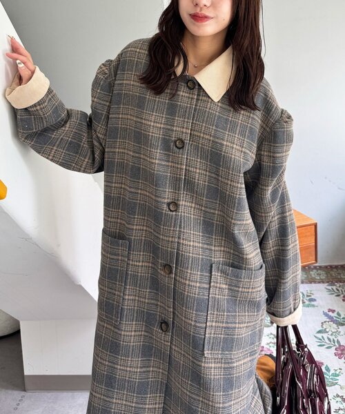 CIAOPANIC(チャオパニック)の「襟コーデュロイチェックロングコート(その他アウター・レディース・ネイビー/グリーン/グレー・0/1)」の5枚目の写真