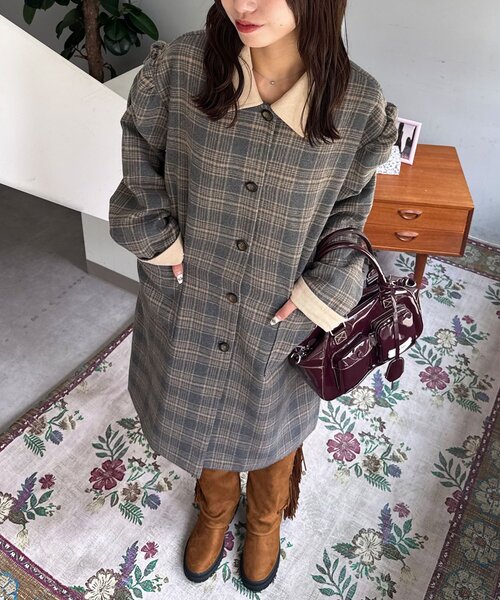 CIAOPANIC(チャオパニック)の「襟コーデュロイチェックロングコート(その他アウター・レディース・ネイビー/グリーン/グレー・0/1)」の6枚目の写真