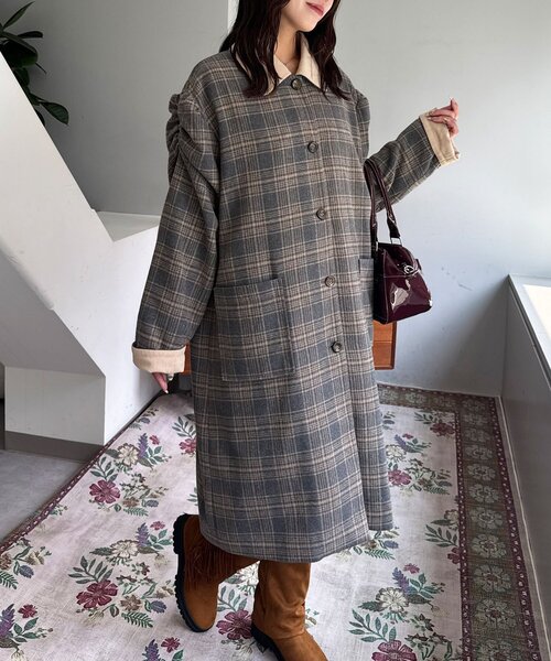 CIAOPANIC(チャオパニック)の「襟コーデュロイチェックロングコート(その他アウター・レディース・ネイビー/グリーン/グレー・0/1)」の7枚目の写真