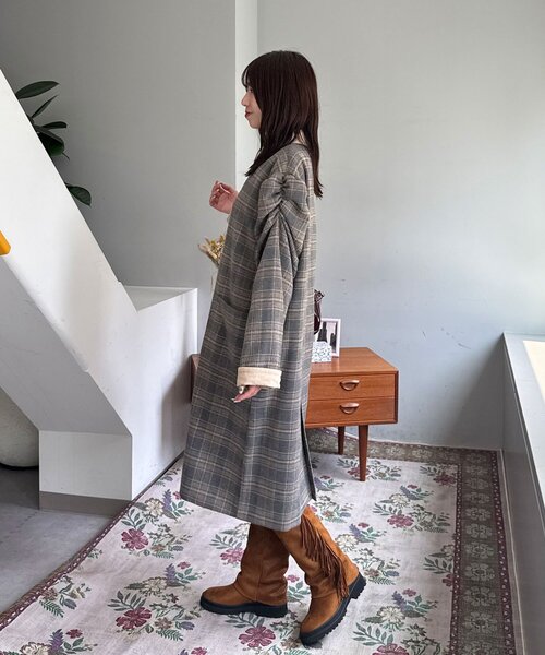 CIAOPANIC(チャオパニック)の「襟コーデュロイチェックロングコート(その他アウター・レディース・ネイビー/グリーン/グレー・0/1)」の9枚目の写真