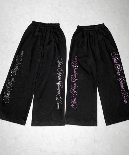 me+em select（ミームセレクト）の「【 セットアップ可能 】ラインストーンロゴワイドスウェットパンツ ／ Rhine stone logo wide sweatpants（スウェットパンツ・レディース・ブラック系1/ブラック・FREE）」の4枚目の写真