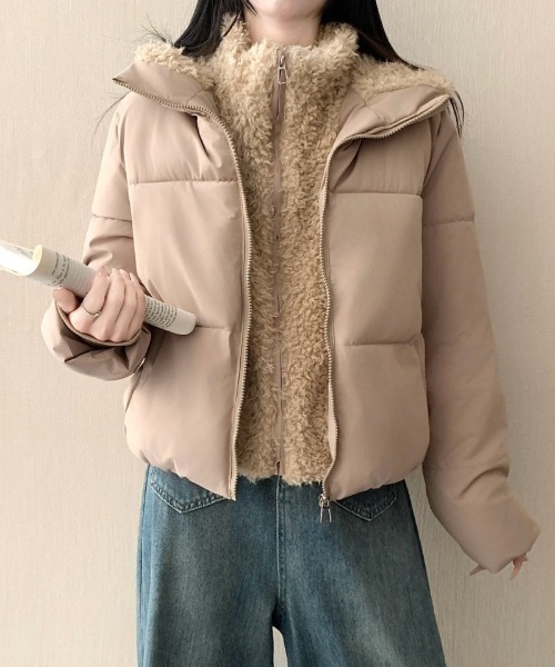 Ritzy(リッツィー)の「フェイクボア レイヤード風 スタンドカラー エコダウンジャケット(ダウンジャケット/コート・レディース・ベージュ/ブラック/ホワイト/モカ・M/L)」の4枚目の写真