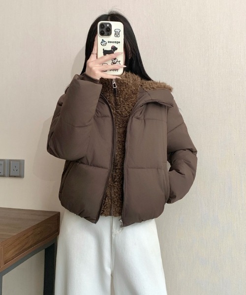 Ritzy(リッツィー)の「フェイクボア レイヤード風 スタンドカラー エコダウンジャケット(ダウンジャケット/コート・レディース・ベージュ/ブラック/ホワイト/モカ・M/L)」の8枚目の写真