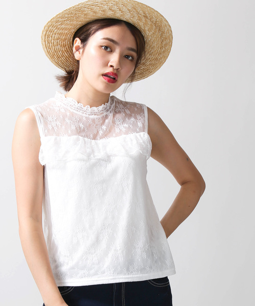 WEGO（ウィゴー）の「WEGO/レースハイネックフリルノースリーブTシャツ（タンクトップ・レディース・ホワイト/ブラック/ブラウン/ホワイト系その他/ブラック系その他・FREE）」の3枚目の写真