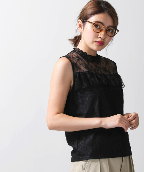 WEGO（ウィゴー）の「WEGO/レースハイネックフリルノースリーブTシャツ（タンクトップ・レディース・ホワイト/ブラック/ブラウン/ホワイト系その他/ブラック系その他・FREE）」の5枚目の写真