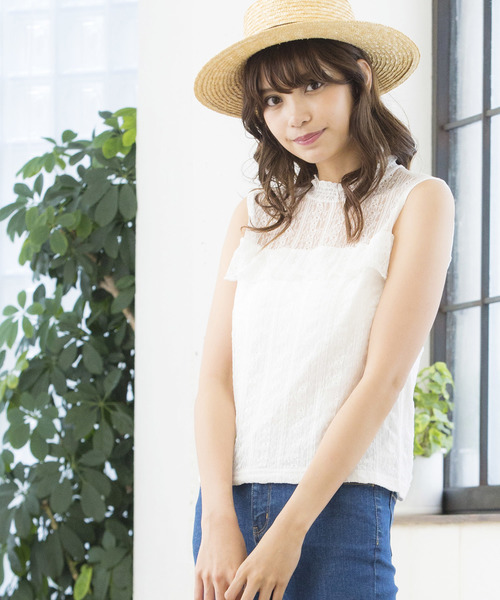 WEGO（ウィゴー）の「WEGO/レースハイネックフリルノースリーブTシャツ（タンクトップ・レディース・ホワイト/ブラック/ブラウン/ホワイト系その他/ブラック系その他・FREE）」の2枚目の写真