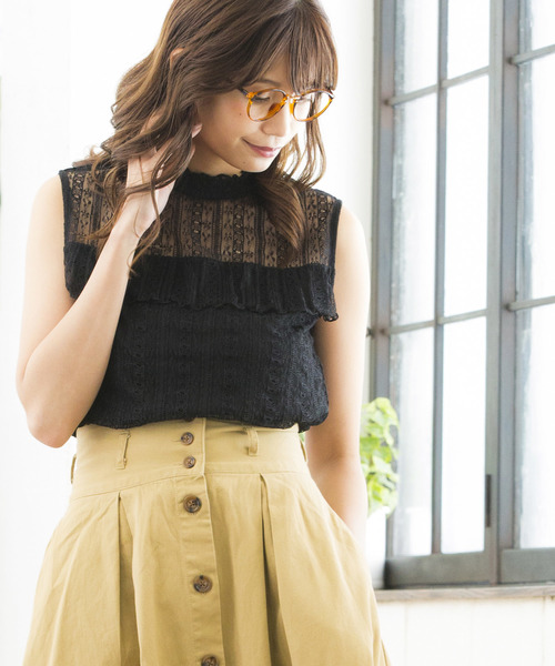 WEGO（ウィゴー）の「WEGO/レースハイネックフリルノースリーブTシャツ（タンクトップ・レディース・ホワイト/ブラック/ブラウン/ホワイト系その他/ブラック系その他・FREE）」の4枚目の写真