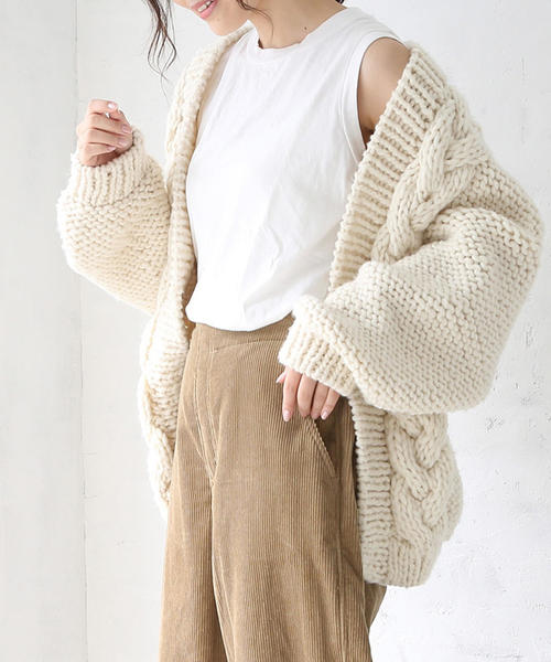coen（コーエン）の「ハンドニットケーブルカーディガン（カーディガン/ボレロ・レディース・オフホワイト/ダークブラウン・FREE）」の9枚目の写真