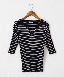CLEA | キーネック ボーダーリブニット Tシャツ(Tシャツ/カットソー)