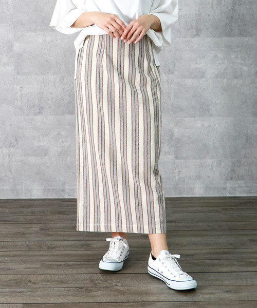 vingtrois（バントロア）の「【vingtrois】ハイウエストマルチストライプタイトスカート（スカート・レディース・ベージュ/ネイビー/キャメル・M）」の3枚目の写真