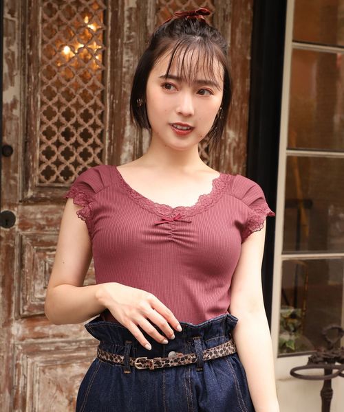 one after another NICE CLAUP（ワンアフターアナザーナイスクラップ）の「リボン付きレースインナー（タンクトップ・レディース・ベージュ/ブラウン/オフホワイト/ミント/ボルドー・FREE）」の5枚目の写真