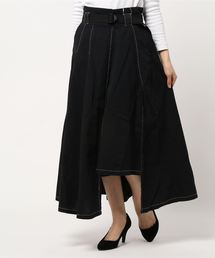綿ツイルベルト付き配色ステッチフレアスカート