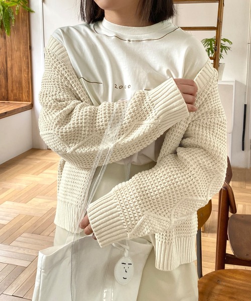 mimi toujours（ミミトゥジュール）の「ニット カーディガン ワッフル編み omom×mimi toujours（カーディガン/ボレロ・レディース・ベージュ/ブルー系その他・M）」の2枚目の写真