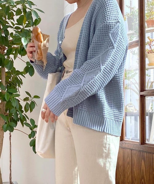 mimi toujours（ミミトゥジュール）の「ニット カーディガン ワッフル編み omom×mimi toujours（カーディガン/ボレロ・レディース・ベージュ/ブルー系その他・M）」の12枚目の写真