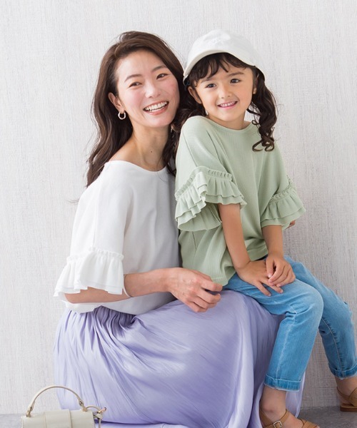 lulpini（ルルピー二）の「kids ワッフルフリルスリーブTシャツ（Tシャツ/カットソー・キッズ・オフホワイト/ミント・L/S/M）」の3枚目の写真